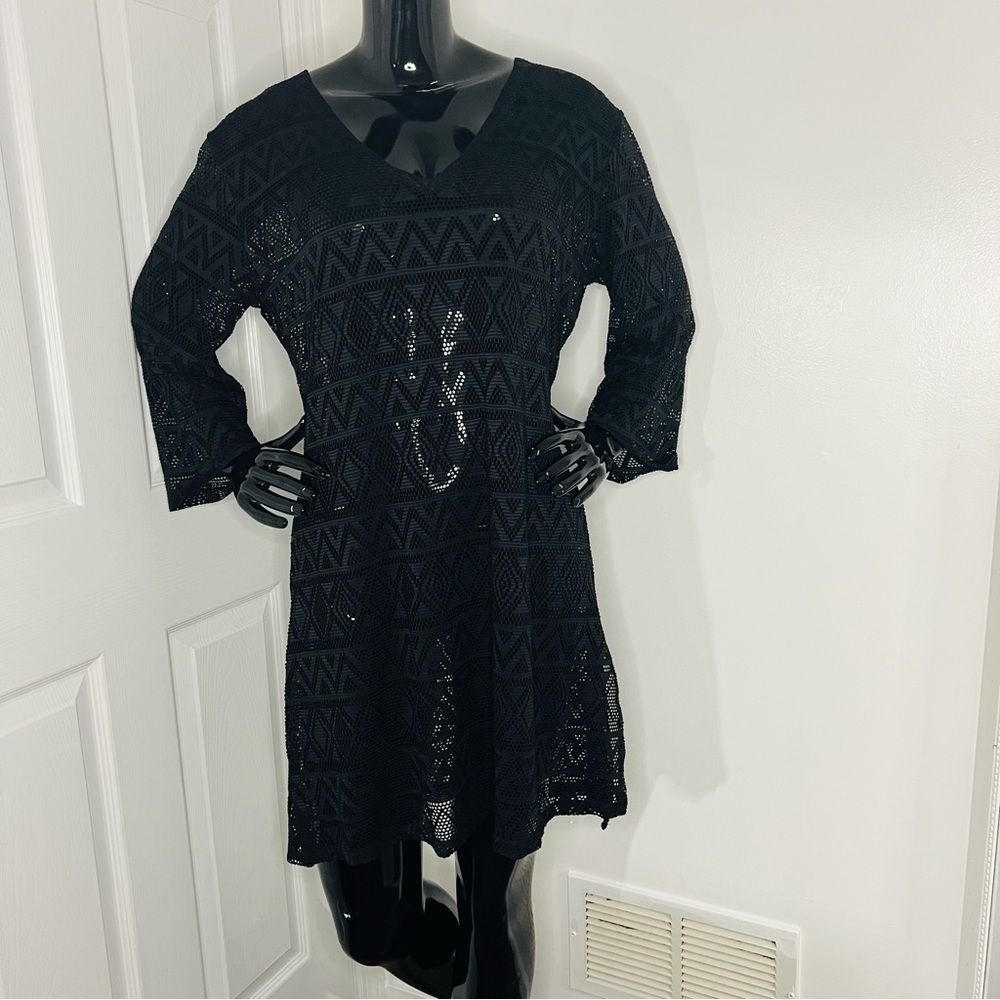 Geo Print Mesh Black Swim CoverUp